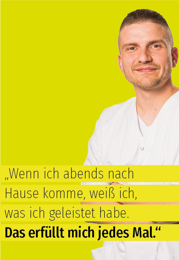 Plakat mit jungem Mann: "Wenn ich abends nach Hause komme, weiß ich, was ich geleistet habe. Das erfüllt mich jedes Mal."